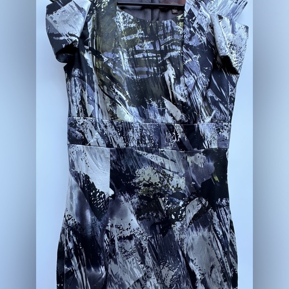 Single 100% Silk Grey Black White Splatter Abstract Palm Shift Pencil Dress 8 - Picture 7 of 16